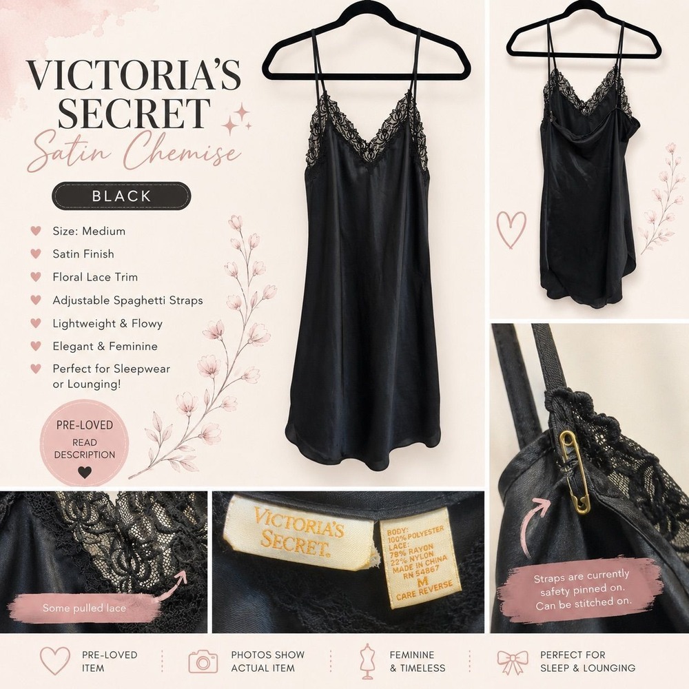 Victoria's Secret Gold Label Black Satin Lace Nightgown Slip Dress Women' Medium